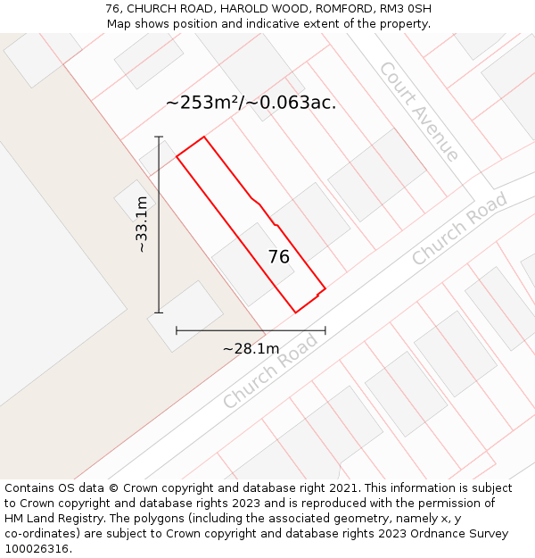 76, CHURCH ROAD, HAROLD WOOD, ROMFORD, RM3 0SH: Plot and title map