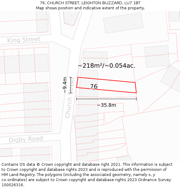 76, CHURCH STREET, LEIGHTON BUZZARD, LU7 1BT: Plot and title map