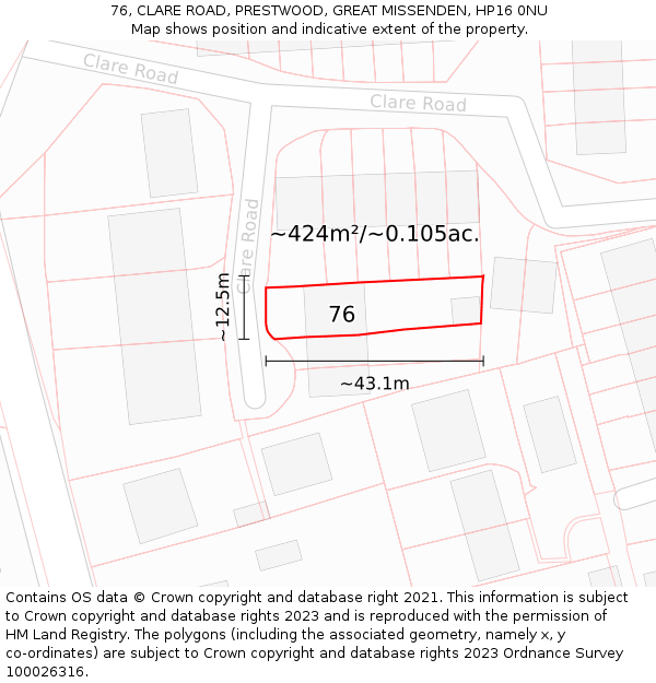 76, CLARE ROAD, PRESTWOOD, GREAT MISSENDEN, HP16 0NU: Plot and title map