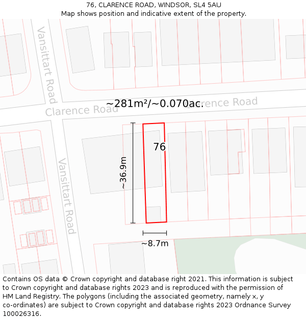 76, CLARENCE ROAD, WINDSOR, SL4 5AU: Plot and title map