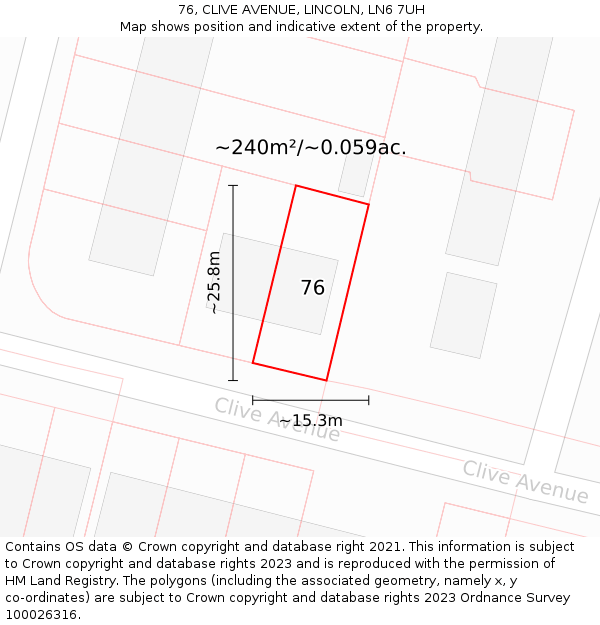 76, CLIVE AVENUE, LINCOLN, LN6 7UH: Plot and title map