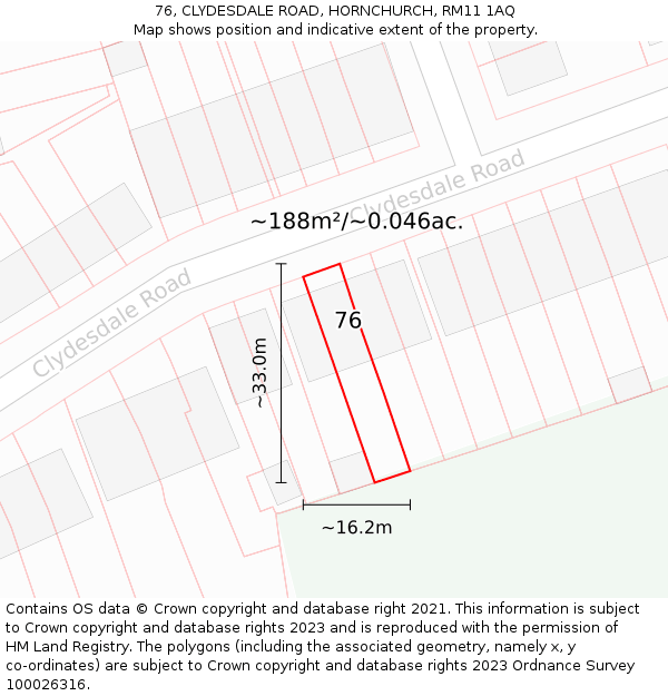 76, CLYDESDALE ROAD, HORNCHURCH, RM11 1AQ: Plot and title map