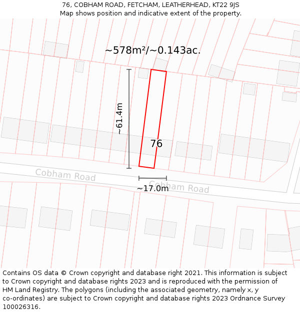 76, COBHAM ROAD, FETCHAM, LEATHERHEAD, KT22 9JS: Plot and title map