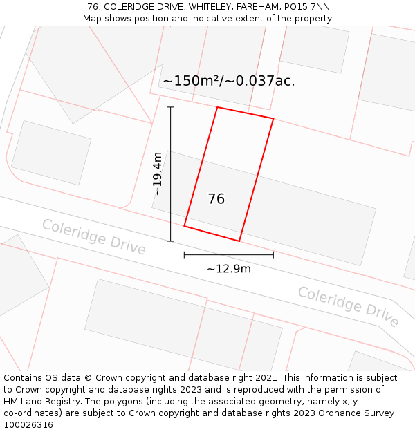 76, COLERIDGE DRIVE, WHITELEY, FAREHAM, PO15 7NN: Plot and title map