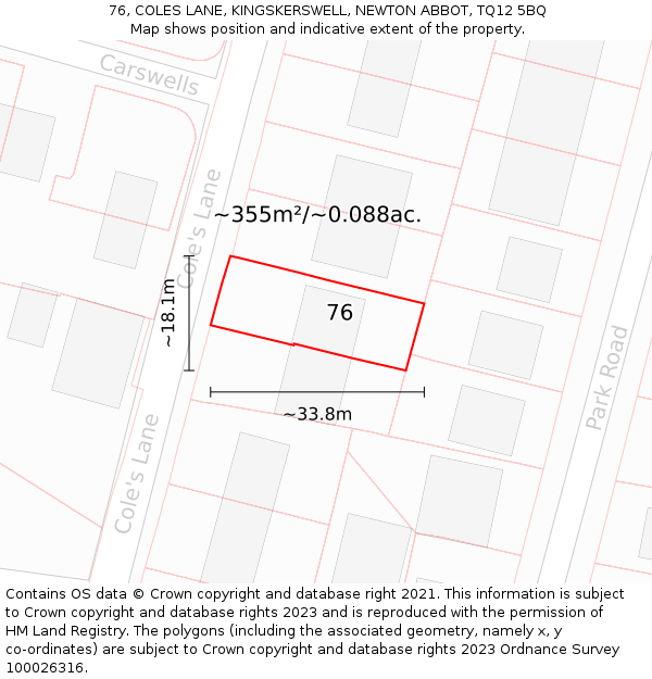 76, COLES LANE, KINGSKERSWELL, NEWTON ABBOT, TQ12 5BQ: Plot and title map