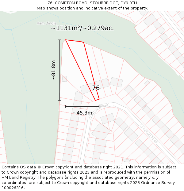 76, COMPTON ROAD, STOURBRIDGE, DY9 0TH: Plot and title map