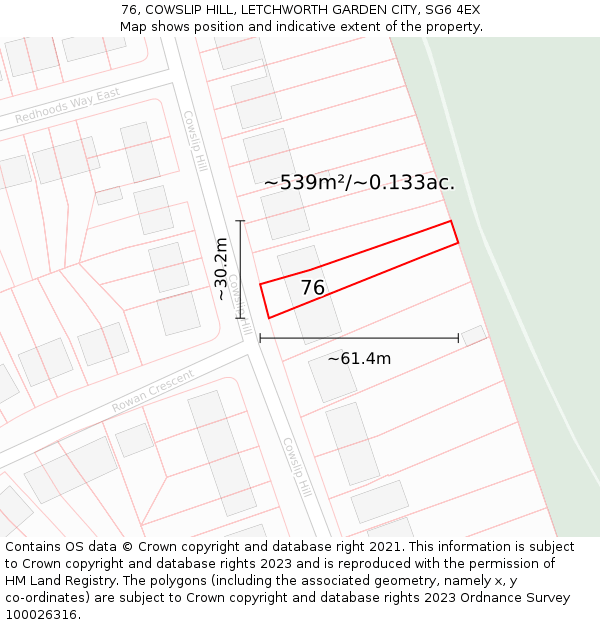 76, COWSLIP HILL, LETCHWORTH GARDEN CITY, SG6 4EX: Plot and title map