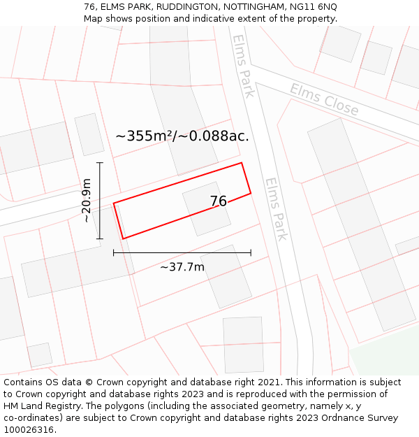 76, ELMS PARK, RUDDINGTON, NOTTINGHAM, NG11 6NQ: Plot and title map