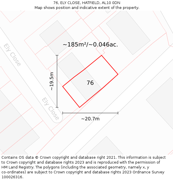 76, ELY CLOSE, HATFIELD, AL10 0DN: Plot and title map