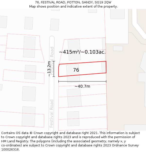 76, FESTIVAL ROAD, POTTON, SANDY, SG19 2QW: Plot and title map