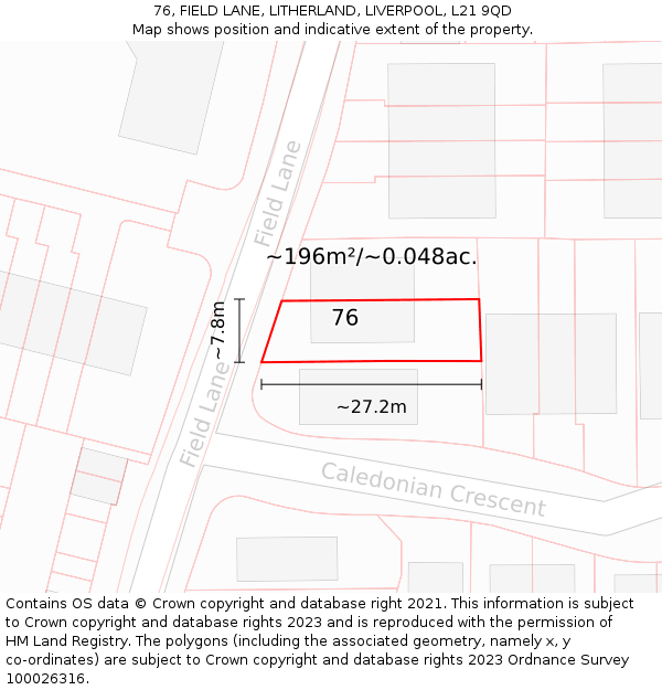 76, FIELD LANE, LITHERLAND, LIVERPOOL, L21 9QD: Plot and title map