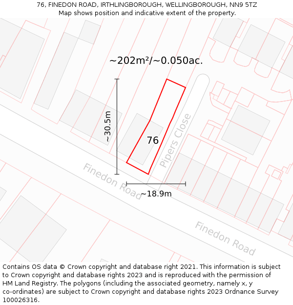 76, FINEDON ROAD, IRTHLINGBOROUGH, WELLINGBOROUGH, NN9 5TZ: Plot and title map