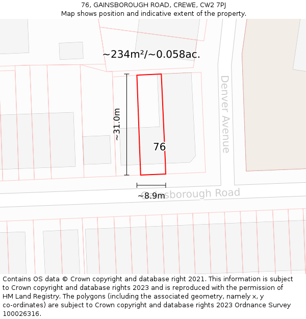 76, GAINSBOROUGH ROAD, CREWE, CW2 7PJ: Plot and title map