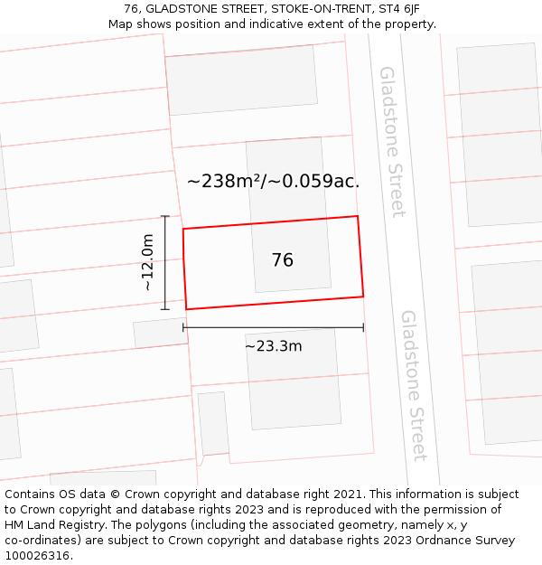 76, GLADSTONE STREET, STOKE-ON-TRENT, ST4 6JF: Plot and title map