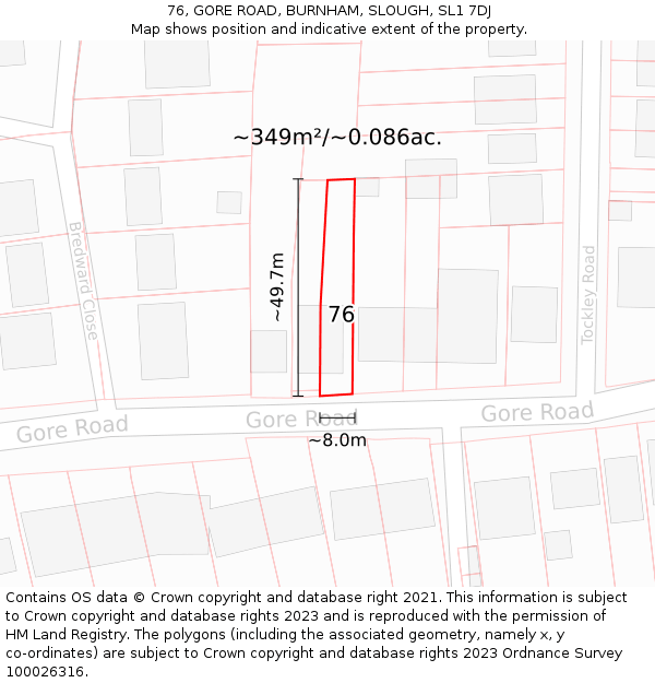 76, GORE ROAD, BURNHAM, SLOUGH, SL1 7DJ: Plot and title map