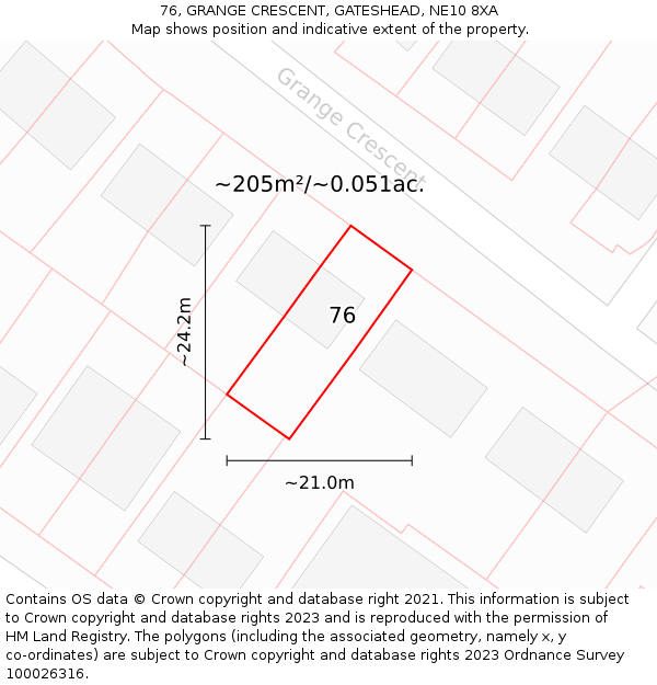 76, GRANGE CRESCENT, GATESHEAD, NE10 8XA: Plot and title map