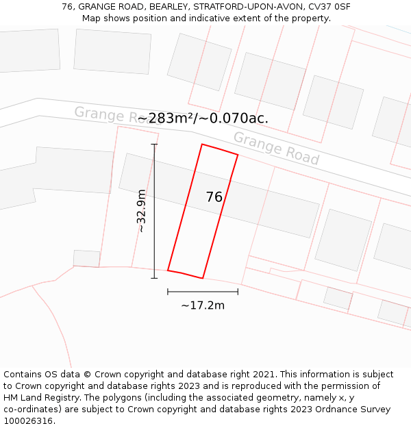 76, GRANGE ROAD, BEARLEY, STRATFORD-UPON-AVON, CV37 0SF: Plot and title map