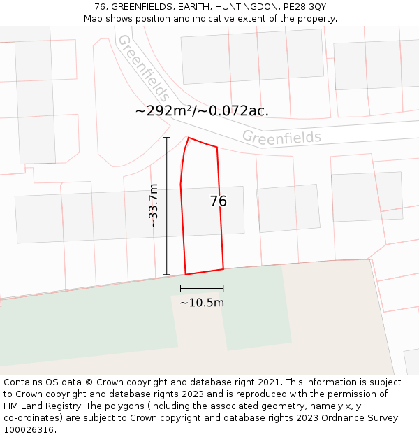 76, GREENFIELDS, EARITH, HUNTINGDON, PE28 3QY: Plot and title map