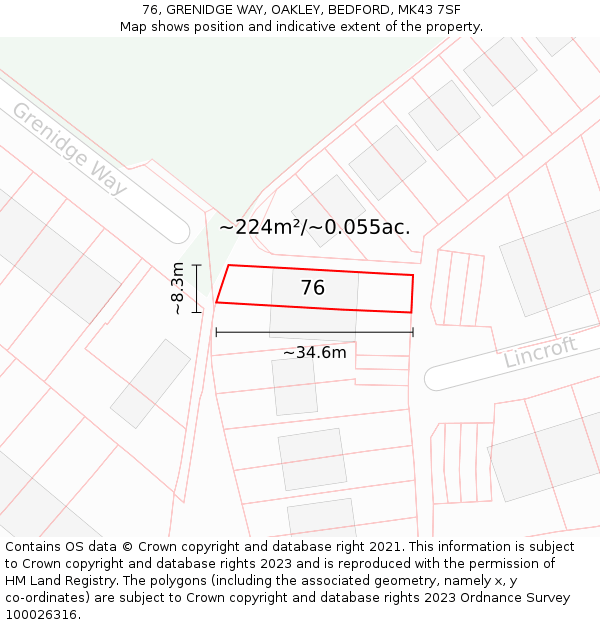 76, GRENIDGE WAY, OAKLEY, BEDFORD, MK43 7SF: Plot and title map