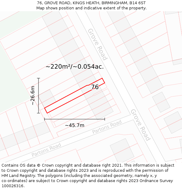 76, GROVE ROAD, KINGS HEATH, BIRMINGHAM, B14 6ST: Plot and title map