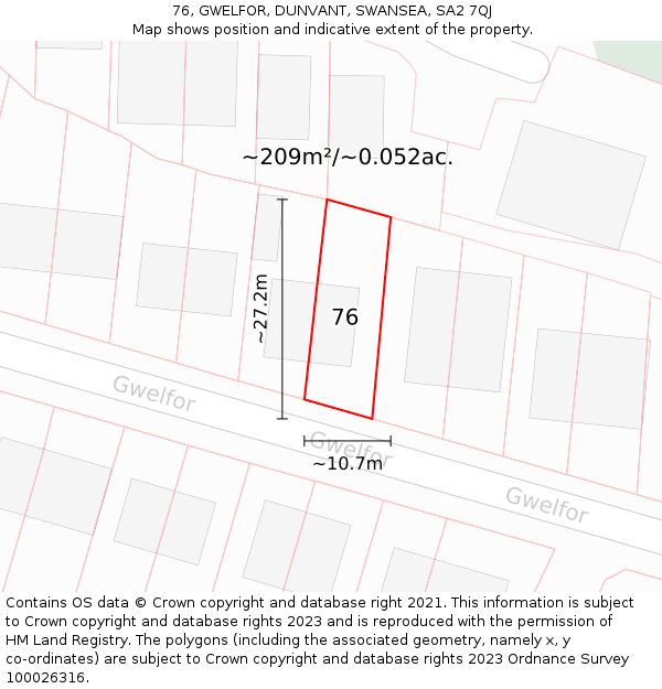 76, GWELFOR, DUNVANT, SWANSEA, SA2 7QJ: Plot and title map