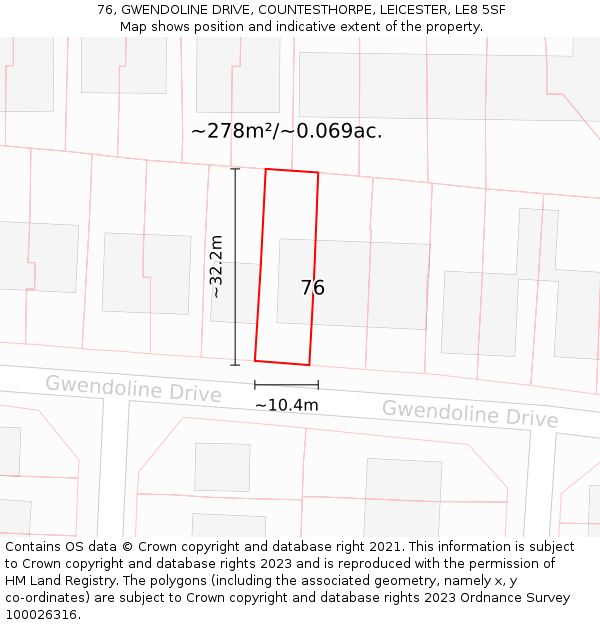 76, GWENDOLINE DRIVE, COUNTESTHORPE, LEICESTER, LE8 5SF: Plot and title map