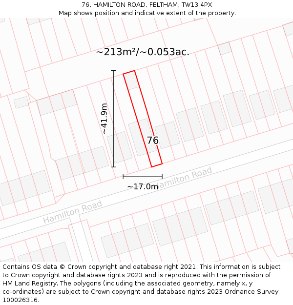 76, HAMILTON ROAD, FELTHAM, TW13 4PX: Plot and title map