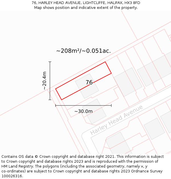 76, HARLEY HEAD AVENUE, LIGHTCLIFFE, HALIFAX, HX3 8FD: Plot and title map