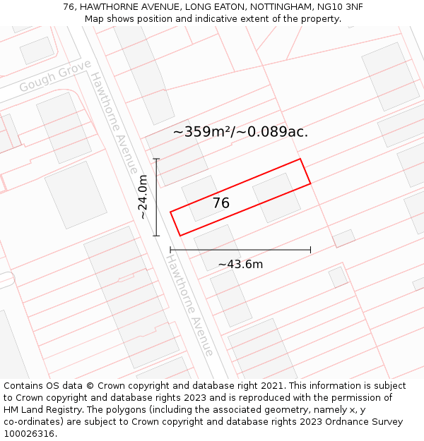 76, HAWTHORNE AVENUE, LONG EATON, NOTTINGHAM, NG10 3NF: Plot and title map