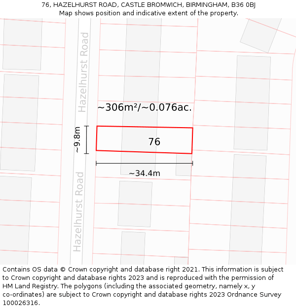 76, HAZELHURST ROAD, CASTLE BROMWICH, BIRMINGHAM, B36 0BJ: Plot and title map