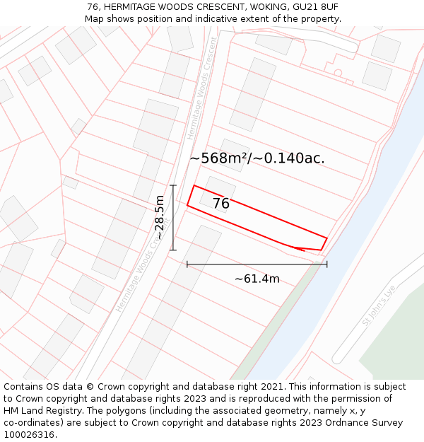 76, HERMITAGE WOODS CRESCENT, WOKING, GU21 8UF: Plot and title map