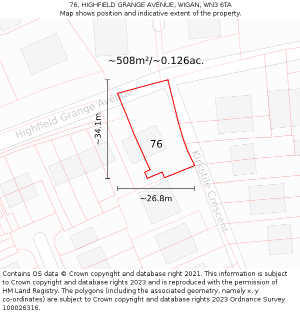 76, HIGHFIELD GRANGE AVENUE, WIGAN, WN3 6TA: Plot and title map