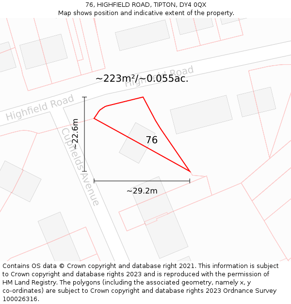 76, HIGHFIELD ROAD, TIPTON, DY4 0QX: Plot and title map