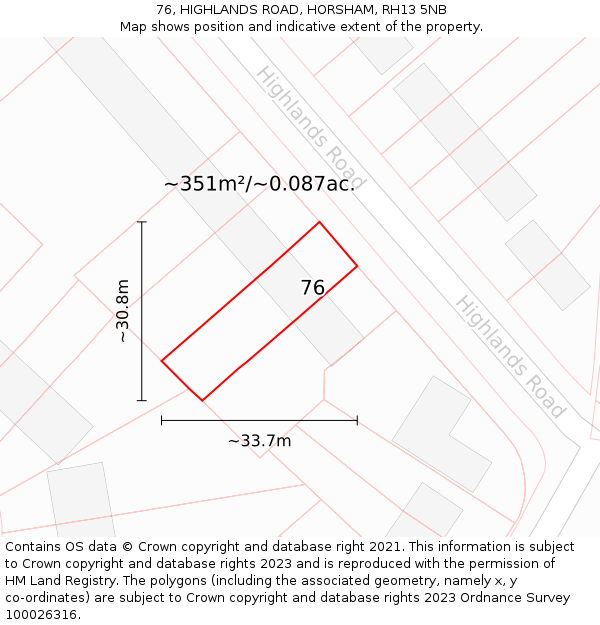 76, HIGHLANDS ROAD, HORSHAM, RH13 5NB: Plot and title map