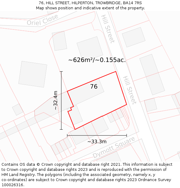 76, HILL STREET, HILPERTON, TROWBRIDGE, BA14 7RS: Plot and title map