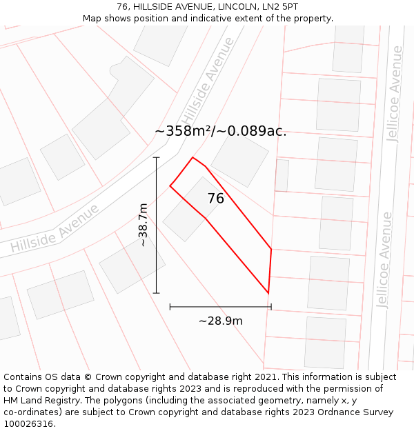 76, HILLSIDE AVENUE, LINCOLN, LN2 5PT: Plot and title map