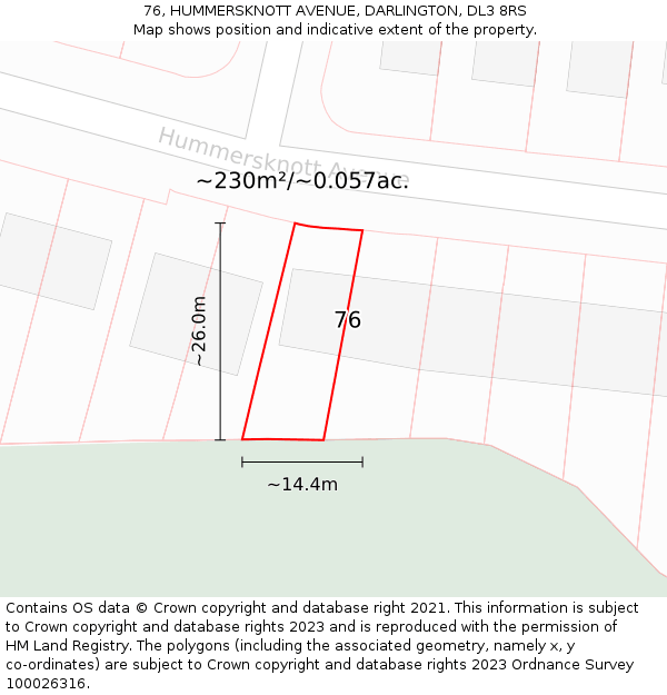 76, HUMMERSKNOTT AVENUE, DARLINGTON, DL3 8RS: Plot and title map