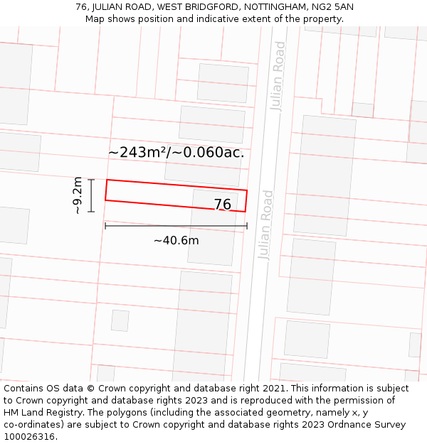 76, JULIAN ROAD, WEST BRIDGFORD, NOTTINGHAM, NG2 5AN: Plot and title map