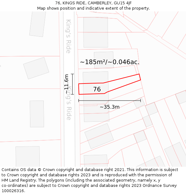 76, KINGS RIDE, CAMBERLEY, GU15 4JF: Plot and title map