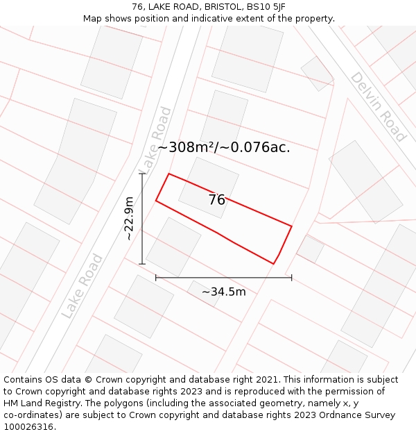 76, LAKE ROAD, BRISTOL, BS10 5JF: Plot and title map