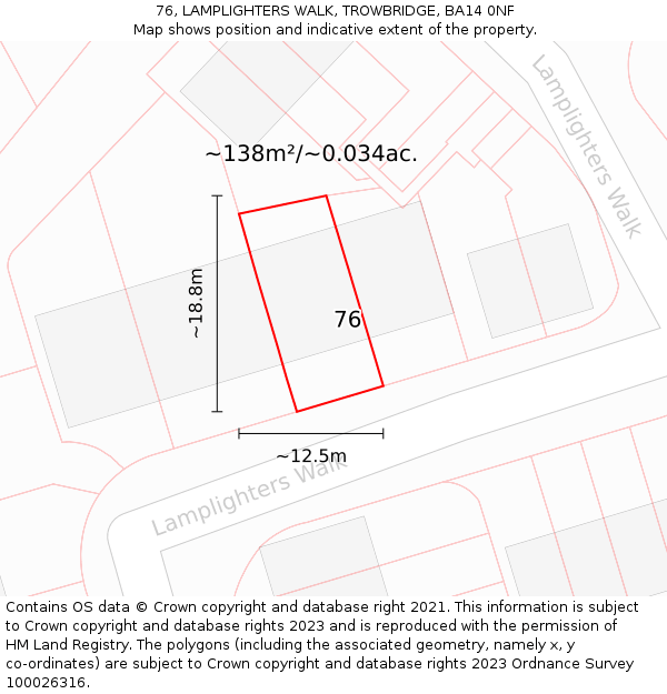 76, LAMPLIGHTERS WALK, TROWBRIDGE, BA14 0NF: Plot and title map