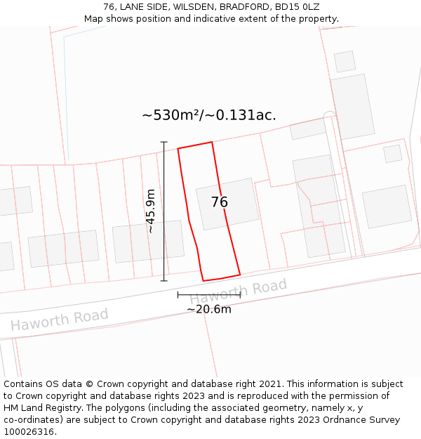 76, LANE SIDE, WILSDEN, BRADFORD, BD15 0LZ: Plot and title map