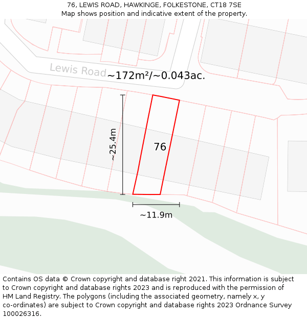 76, LEWIS ROAD, HAWKINGE, FOLKESTONE, CT18 7SE: Plot and title map