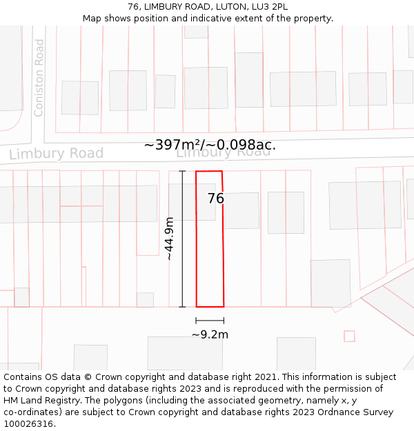 76, LIMBURY ROAD, LUTON, LU3 2PL: Plot and title map