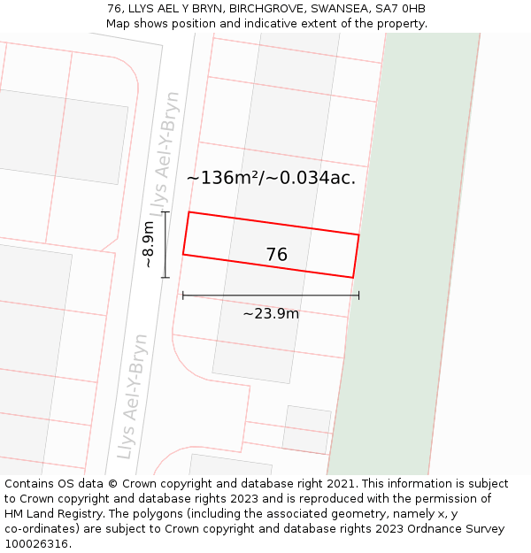 76, LLYS AEL Y BRYN, BIRCHGROVE, SWANSEA, SA7 0HB: Plot and title map