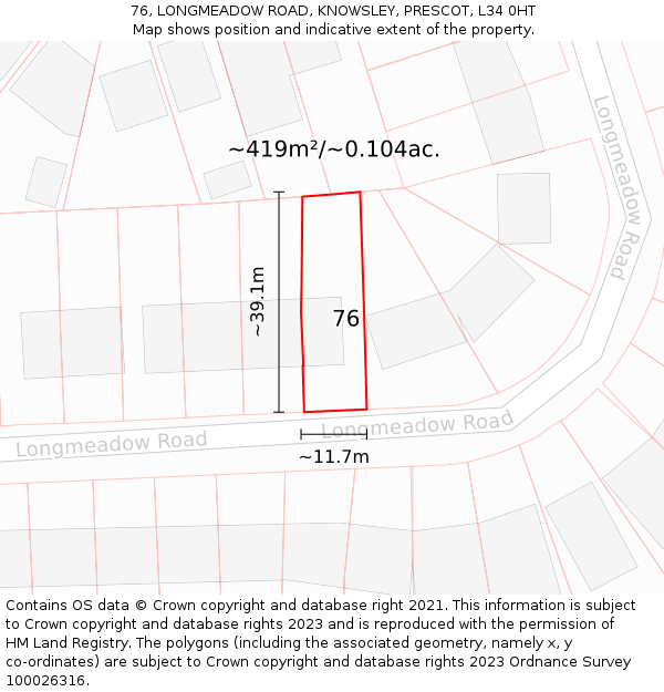 76, LONGMEADOW ROAD, KNOWSLEY, PRESCOT, L34 0HT: Plot and title map