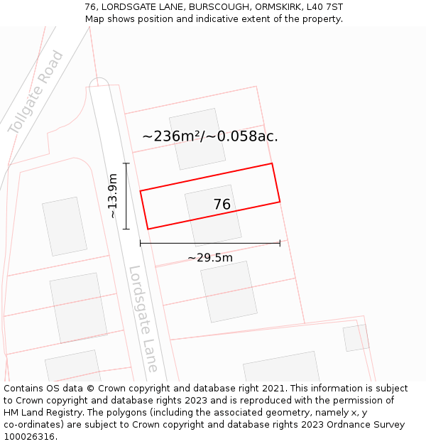 76, LORDSGATE LANE, BURSCOUGH, ORMSKIRK, L40 7ST: Plot and title map