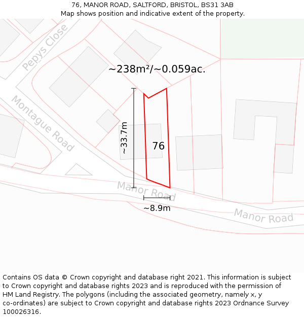 76, MANOR ROAD, SALTFORD, BRISTOL, BS31 3AB: Plot and title map