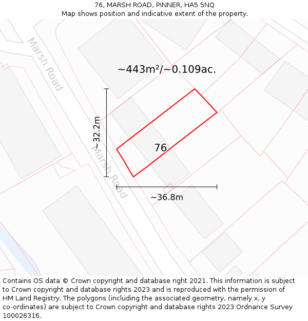 76, MARSH ROAD, PINNER, HA5 5NQ: Plot and title map