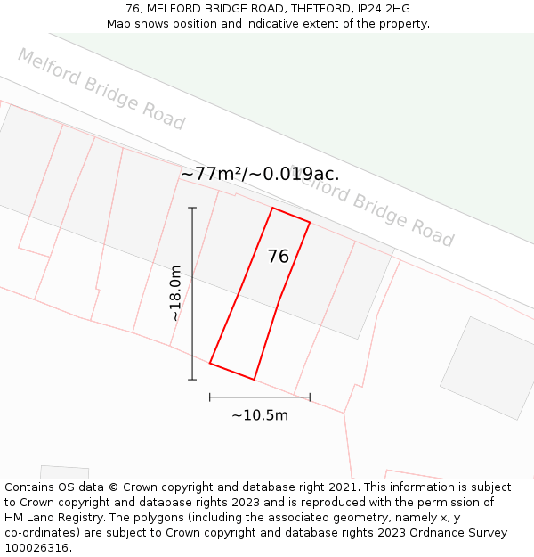 76, MELFORD BRIDGE ROAD, THETFORD, IP24 2HG: Plot and title map